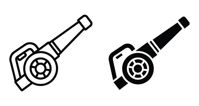 Leaf blower icon set featuring outline and solid glyph styles for gardening landscaping yard maintenance power tool equipment blower icons