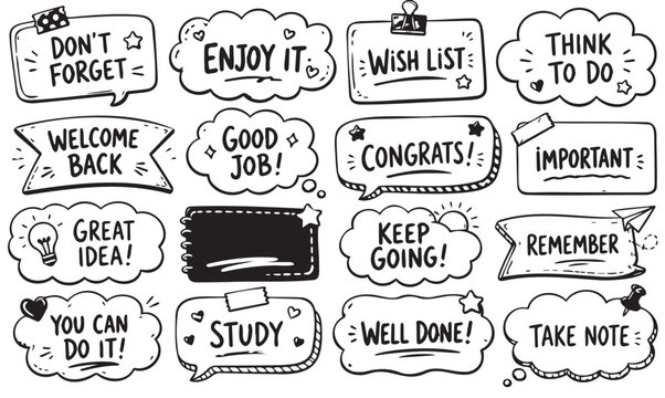 Hand drawn collection of speech bubbles and note frames featuring motivational phrases for planners and creative journal layout project designs
