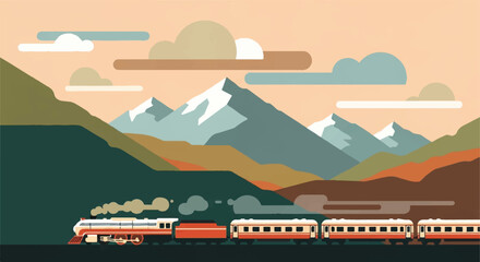 Illustrated train journey through mountains landscape © Arisa