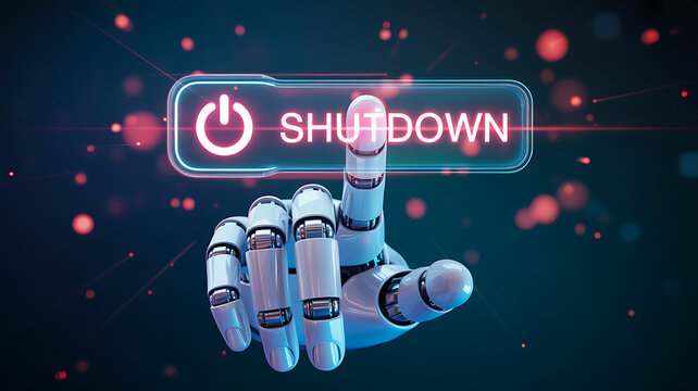 Robotic hand activating shutdown control on futuristic digital system interface
