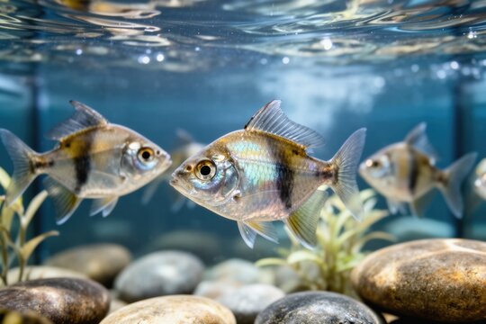 Small silver fish swimming over pebble substrate in clear aquarium water