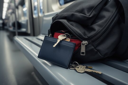 Backpack with keys and wallet left on train bench suggesting unattended luggage