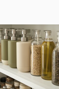 Glass bottles and pump dispensers arranged on pantry shelf with ingredients