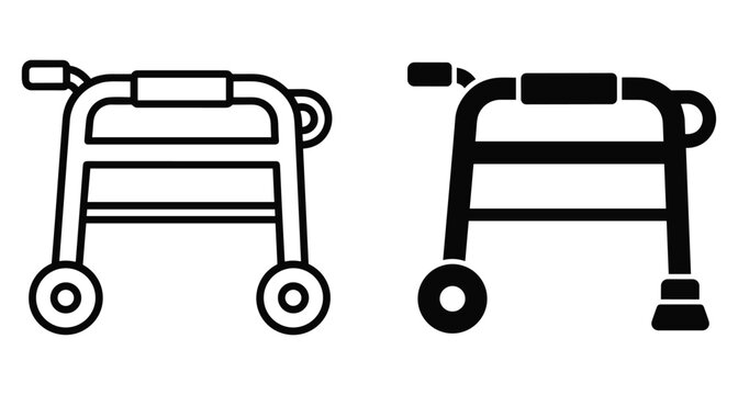 Walker mobility aid icon set for elderly and disabled people showing outline and solid black silhouette styles for medical design