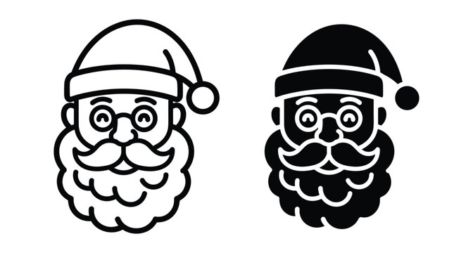 Santa Claus face icons in outline and solid styles with beard hat and glasses for Christmas holiday graphic design projects