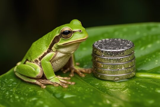 Green tree frog beside stacked coins on a wet leaf with water droplets