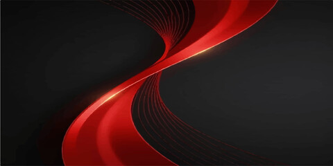 Abstract vertical red metallic S-wave with glowing gold edges and elegant curved lines on a dark background © Md