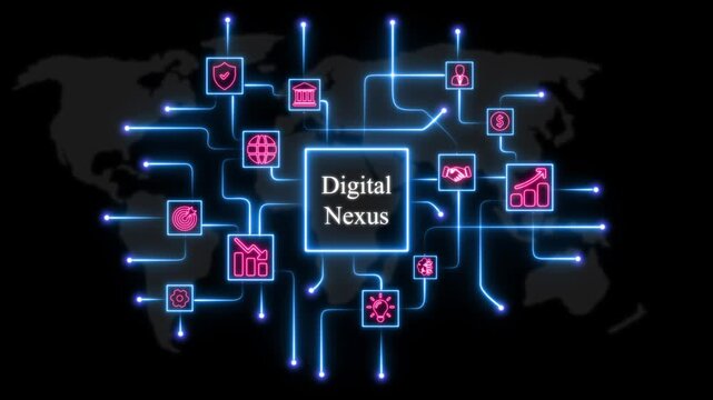 Digital nexus global network connection: futuristic data flow and business communication technology motion