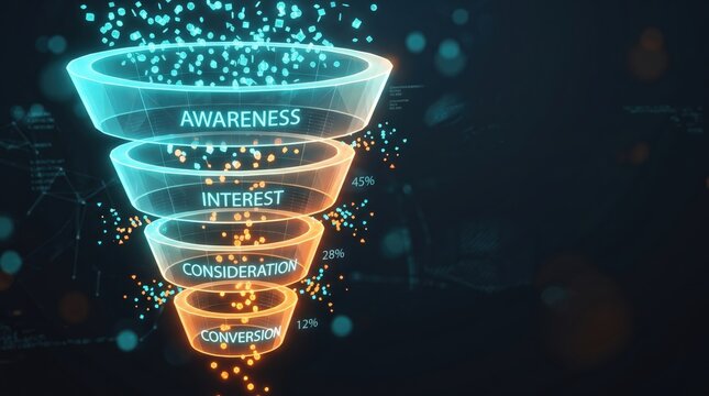 Abstract conversion funnel with awareness interest consideration and conversion stages glowing neon colors on dark background