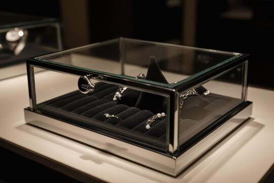 Jewelry display case with pearl necklaces and earrings arranged on black velvet