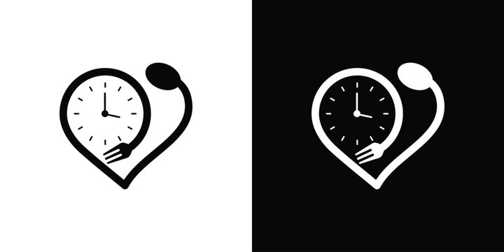 Heart shaped clock with fork and spoon logo.