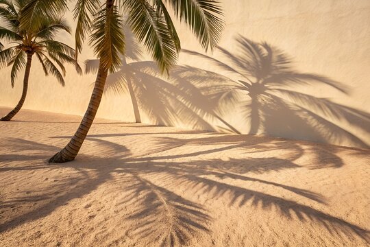 Tropical palm trees casting long shadows on a wall and sandy beach.