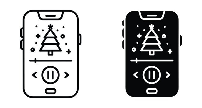Smartphone music player app icon set featuring a Christmas tree on the screen with pause and skip playback control buttons