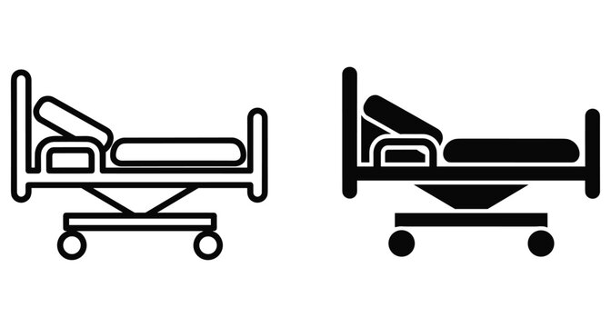 Hospital bed icon set with outline and solid silhouette styles for medical healthcare clinic patient care equipment and nursing facilities