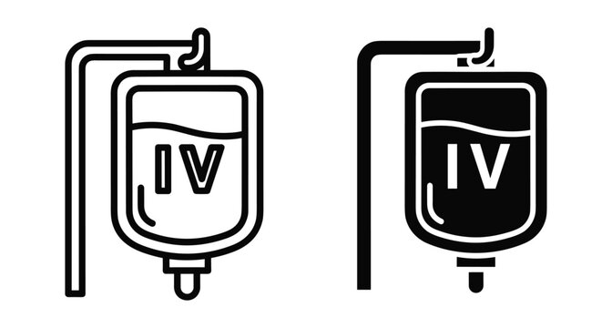IV drip bag icon set with intravenous saline solution hanging on medical stand for hospital treatment and emergency healthcare services