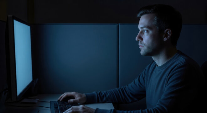 Man Sitting Alone in Front of Computer Screen at Night