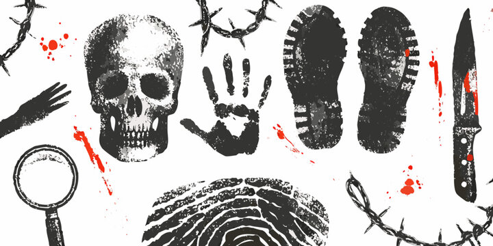 forensic evidence collage with skull footprints and blood splatters