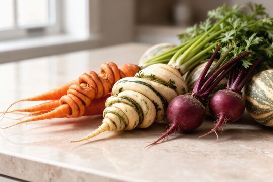 Heirloom root vegetables arranged on a marble countertop by window light