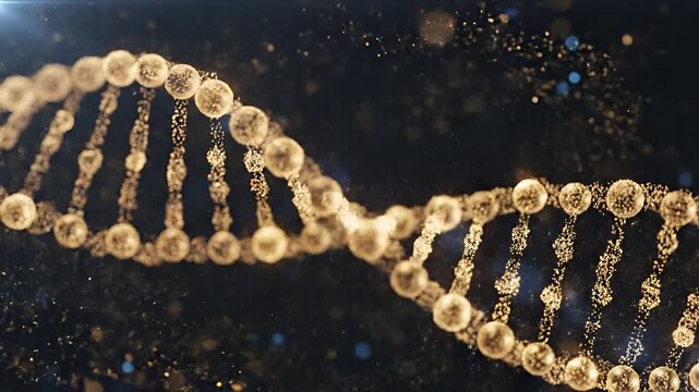 Golden DNA Helix Structure with Particles in Motion.