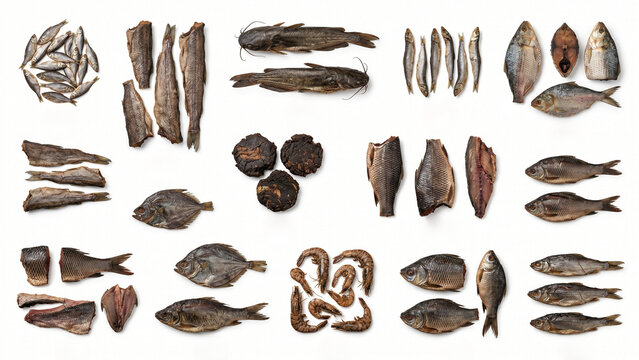 Collection of various dried fish and seafood isolated on a white background.