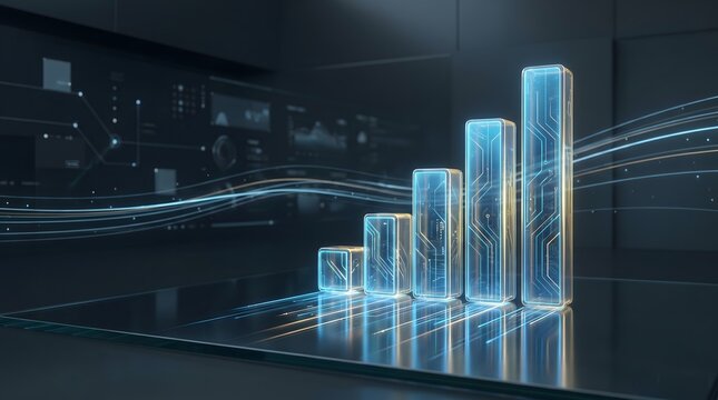 A digital 3D bar graph representing financial growth and data analysis.