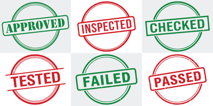 A set of six circular stamps with approval, inspection, and test statuses in green and red colors.