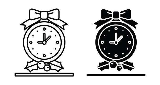 Christmas clock icon set with decorative bow and holly leaves for holiday countdown celebration winter season time management graphic design