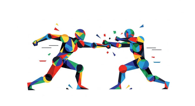 Two Fencers in Colorful Geometric Suits Competing in a Duel.
