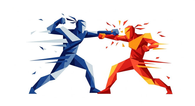Two stylized figures in combat with swords and fists.