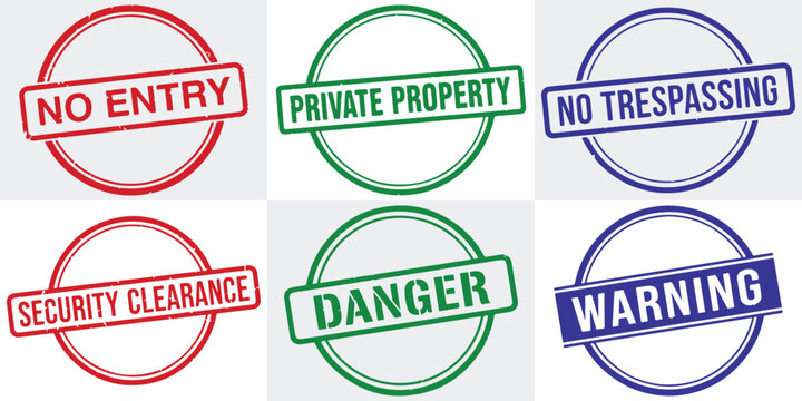 A set of six circular stamps in red, green, and blue with warnings and security clearance messages in a flat vector style.