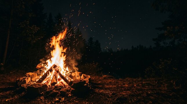 Bright bonfire blazing in the darkness of a forest clearing, surrounded by a stone fire pit.