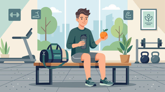 This flat design illustration portrays the essential post-workout recovery phase, featuring a person replenishing energy with a protein shake and fruit after a gym session. 