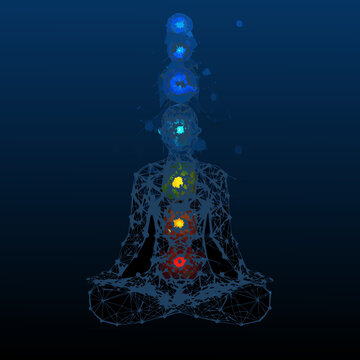 meditating person with chakra energy points digital illustration