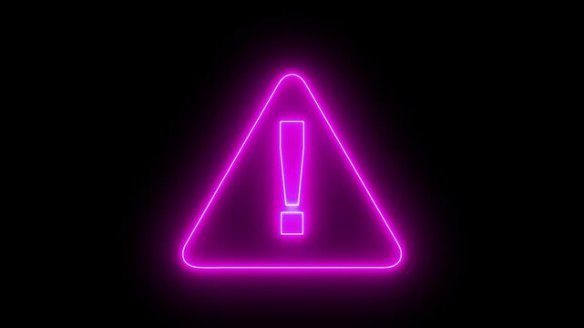 Glowing neon red colour warning icon animation on black background. Alert warning sign Exclamation symbol, danger signal icon, alert risk safety danger road warning sign symbol