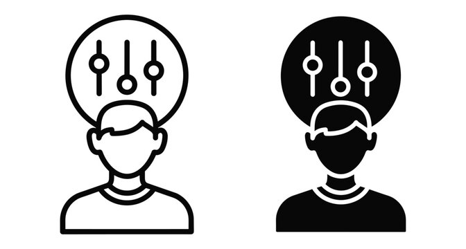User profile customization icon showing person with adjustment sliders for settings personalization configuration management and individual preference control options
