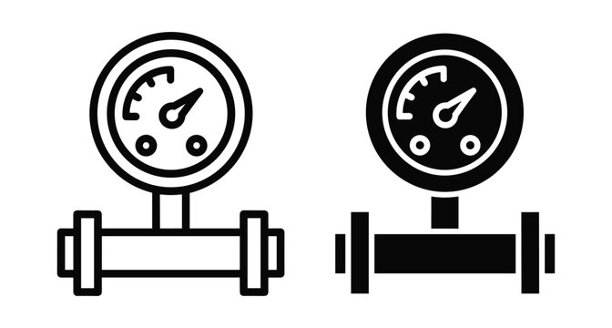Pressure gauge manometer icon set on pipe for industrial measurement monitoring gas liquid flow control engineering plumbing utility system equipment