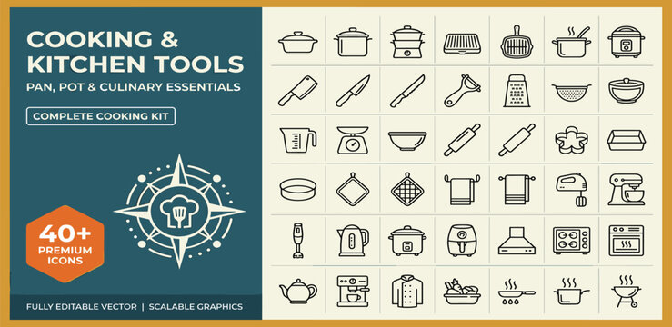 Cooking line icon set. Kitchen tools - pan, pot, dinner utensil, cookbook, chef hat minimal vector illustration. Simple outline sign of food recipe instruction. 30x30 Pixel Perfect, Editable Stroke