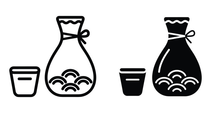 Japanese sake bottle and cup icon set featuring traditional wave patterns and ribbon details in outline and solid black styles
