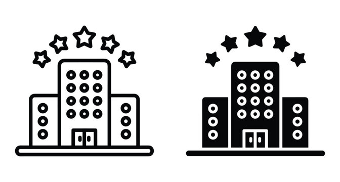 hotel building icon set with five stars representing high quality service accommodation for travel tourism and business lodging industry
