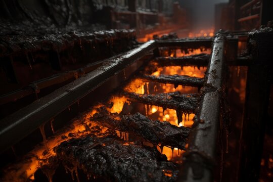 Molten metal and slag flowing through a hot industrial furnace structure