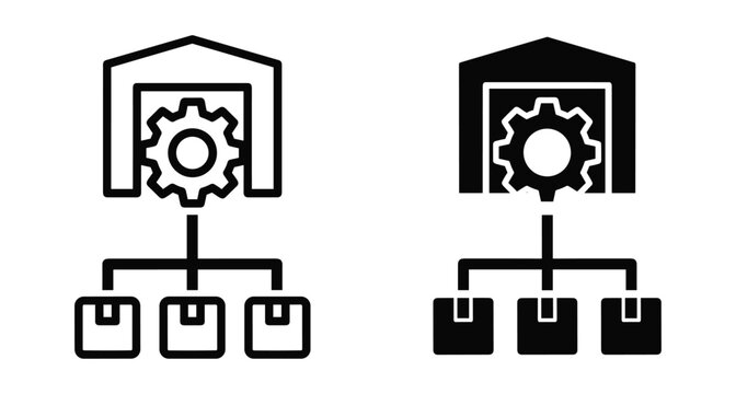 Warehouse logistics management icon set showing industrial automation process with gear symbol and package distribution flow for supply chain operations