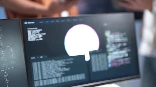 Close up view of a desktop computer screen displaying complex software database coding lines and a digital interface layout during a tech startup session.