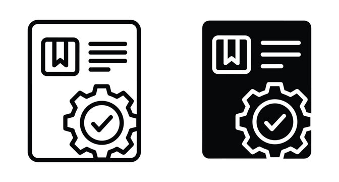 Document processing icon set featuring paper with bookmark text lines and gear with checkmark for automation verification and technical settings
