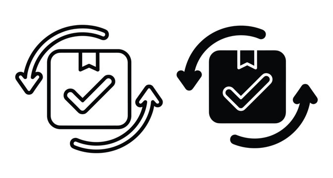 Logistics package return icon set with checkmark and circular arrows representing shipping exchange delivery process order confirmation and product replacement