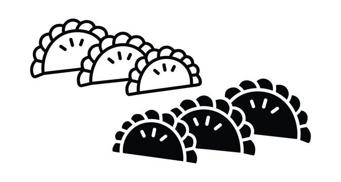 Dumpling icons set featuring pierogi gyoza and potstickers in outline and solid black silhouette styles for food menu design graphics
