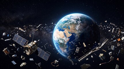 Earth surrounded by space debris and satellite in orbit around planet with blue atmosphere and black background with stars © Wajid Ali