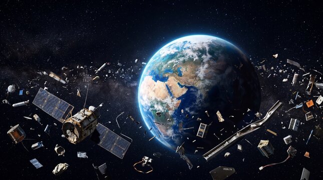 Earth surrounded by space debris and satellite in orbit around planet with blue atmosphere and black background with stars