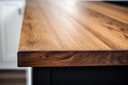 Close up of a natural oak butcher block wood counter top texture