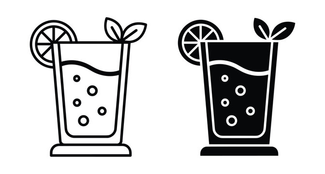 Refreshing cocktail glass icon set featuring lemon slice and mint leaves garnish for summer drinks lemonade soda or mojito beverage