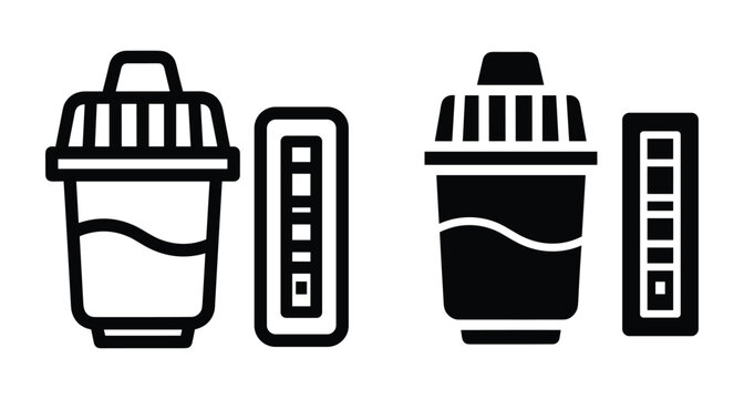 Drug test kit icon set with urine sample cup and rapid diagnostic strip for medical screening and substance abuse detection